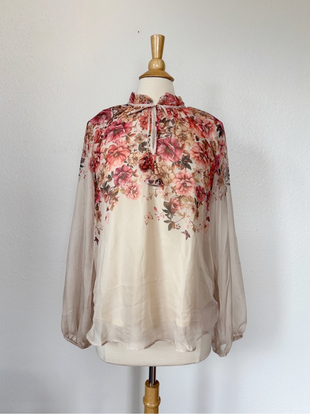 Tie-Neck Cream Blouse with Pink Floral Yoke